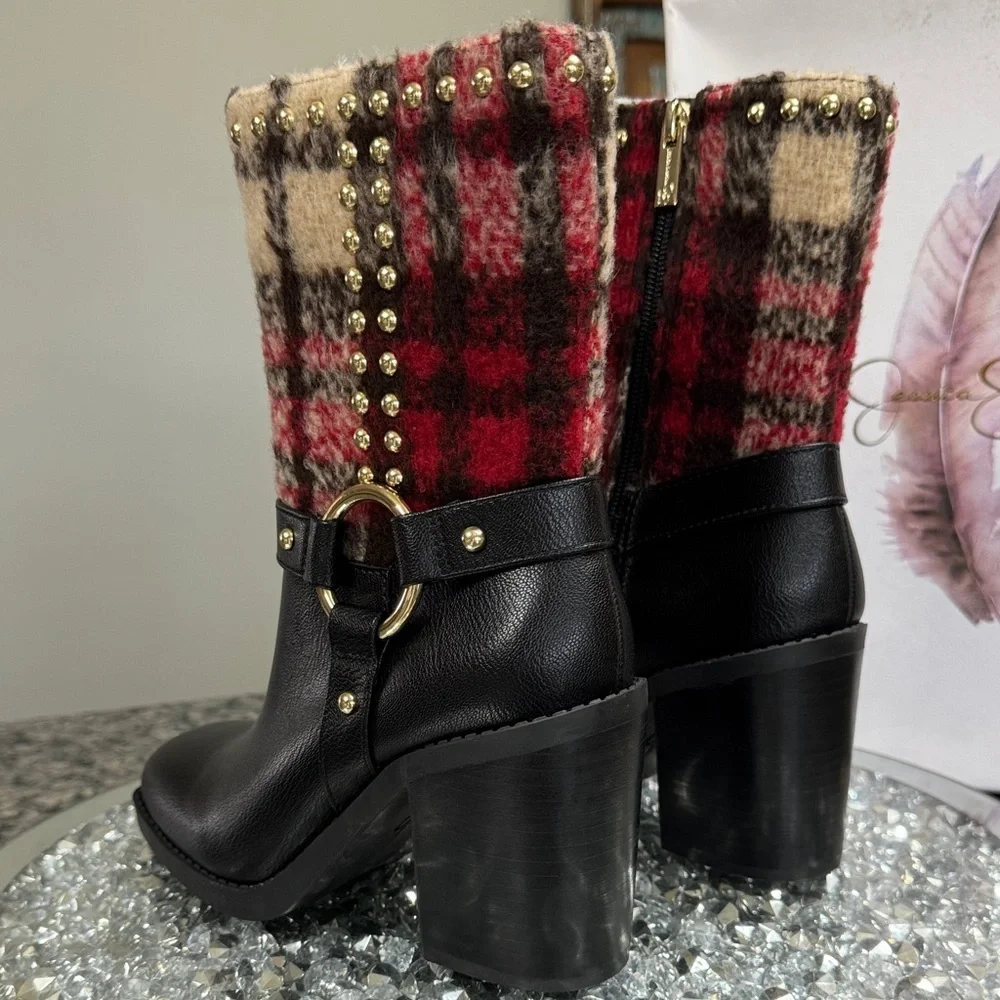 Jessica Simpson Black Leather Booties with Red & Tan Plaid Shaft NEW 6